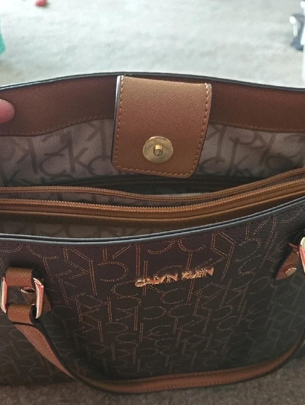 Calvin Klein Dark Brown Monogram Tote with Tan Straps